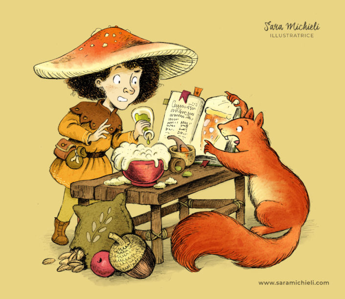 Illustrazione fantasy - strega e scoiattolo
