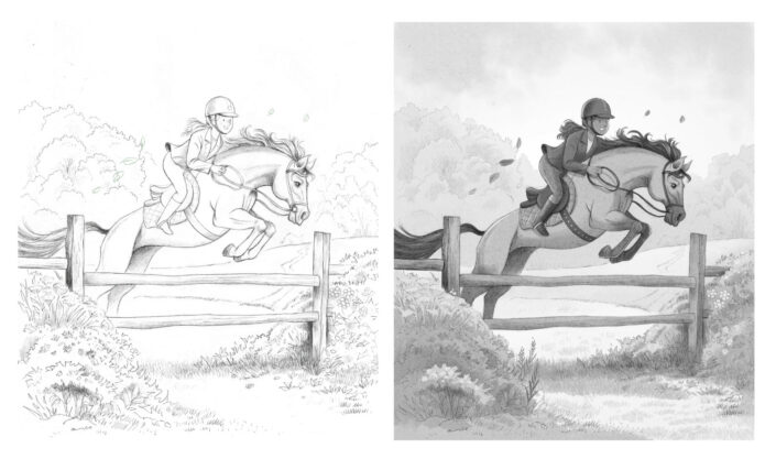 illustrazione-narrativa-cavallerizza-primavera-matita-bn