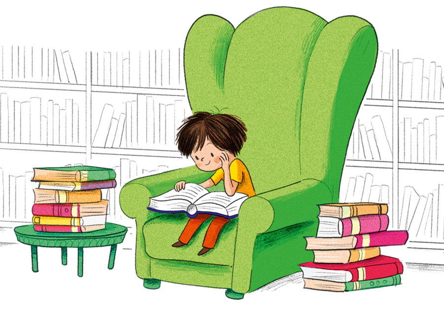 Matilde di Roald Dahl - La bambina legge seduta su una grande poltrona verde, dietro di lei tantissimi libri di una biblioteca