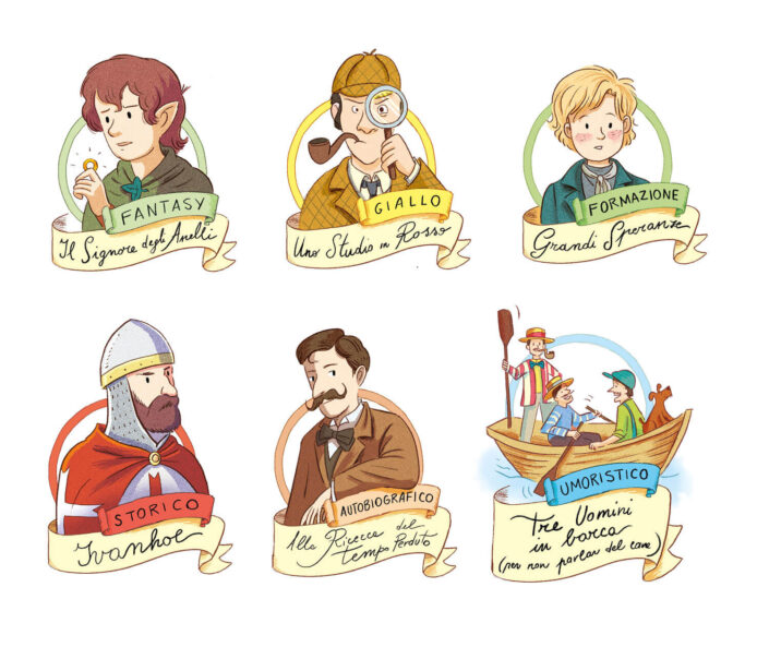 Alcuni protagonisti di libri classici, da sinistra: Frodo Baggins, Sherlock Holmes, Philip Pirrip "Pip", Ivanhoe, Proust e i Tre Uomini in Barca