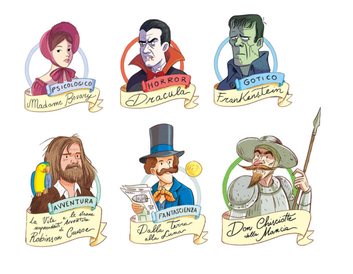 Alcuni protagonisti di libri classici, da sinistra: Madame Bovary, Dracula, Frankenstein, Robinson Crusoe, Barbicane e Don Chisciotte