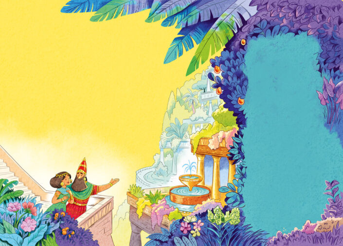 Nabucodonor mostra il rigoglioso giardino alla moglie. Sulla parte destra dell'immagine diversi palazzi, con piante e alberi rigogliosi, giochi d'acqua e una fontana in primo piano