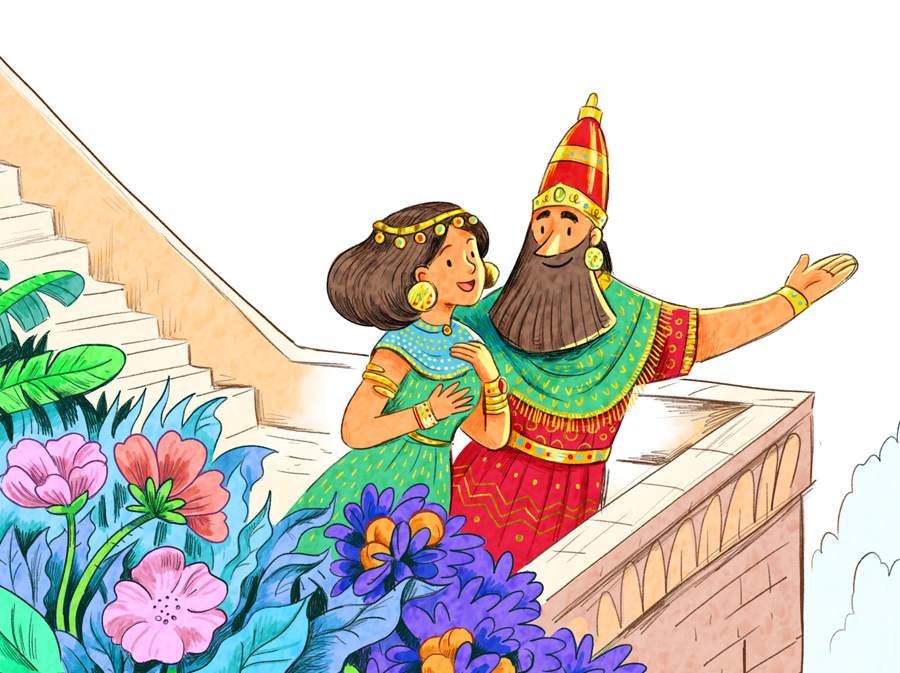 Amytis e Nabucodonosor, il re mostra alla moglie il giardino. Piante e fiori in primo piano